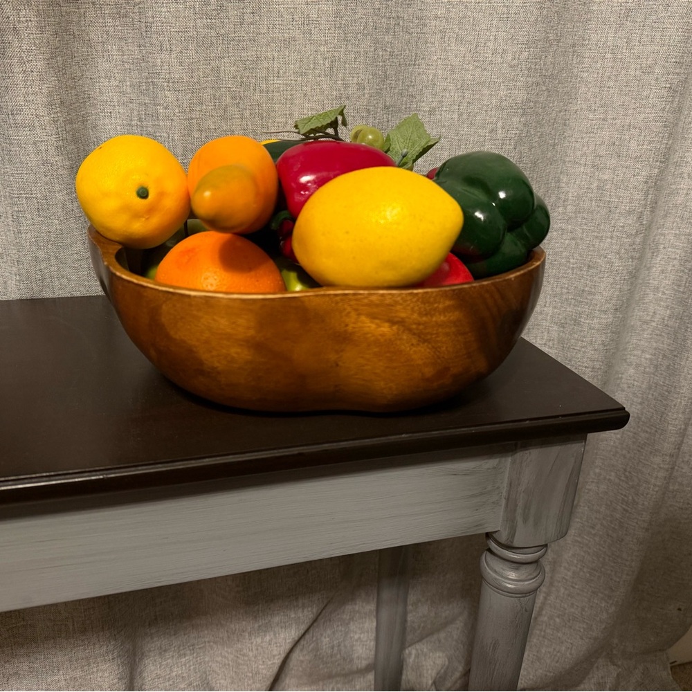 Wooden Bowl with Colorful Artificial Fruits